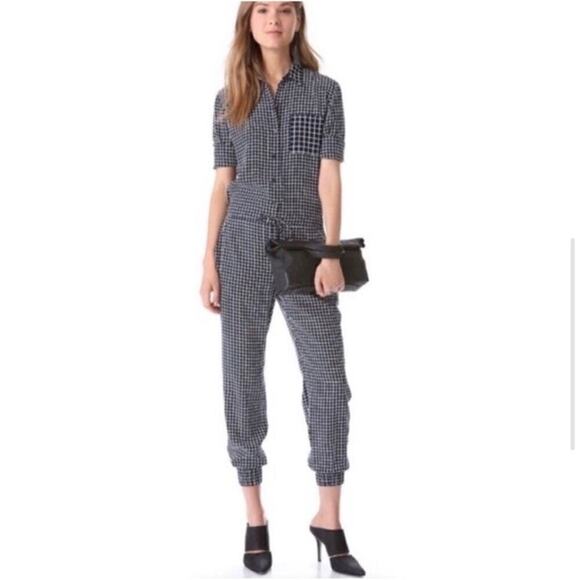 Theory Daranda 100% Silk Navy Blue & White Windowpane Check Jumpsuit Size 8 - Picture 1 of 12